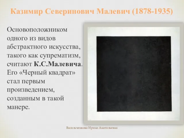 Казимир Северинович Малевич (1878-1935) Основоположником одного из видов абстрактного искусства, такого