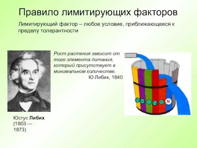 Правило лимитирующих факторов Лимитирующий фактор – любое условие, приближающееся к пределу