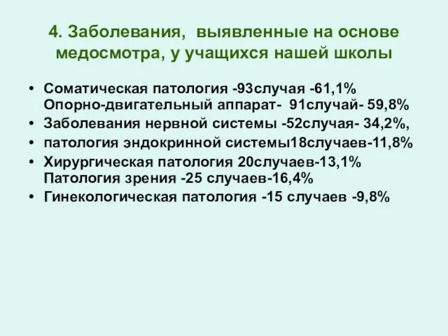 4. Заболевания, выявленные на основе медосмотра, у учащихся нашей школы Соматическая