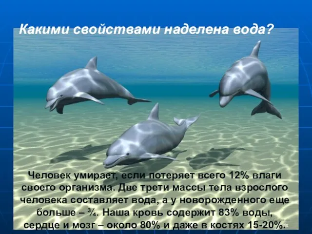 Какими свойствами наделена вода? Человек умирает, если потеряет всего 12% влаги