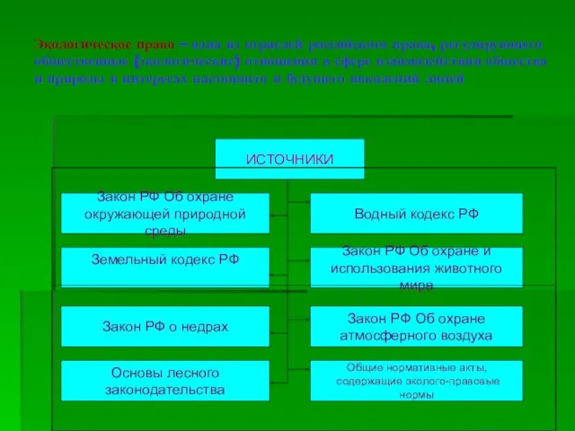 Экологическое право – одна из отраслей российского права, регулирующего общественные (экологические)