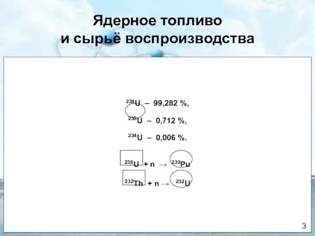 Ядерное топливо и сырьё воспроизводства 238U – 99,282 %, 235U –