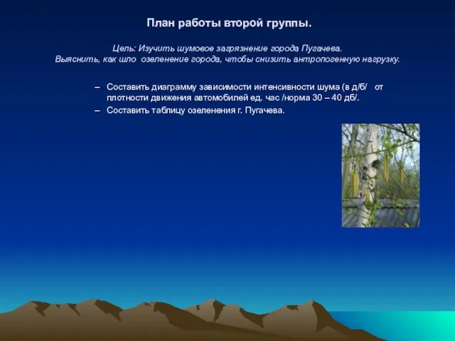 План работы второй группы. Цель: Изучить шумовое загрязнение города Пугачева. Выяснить,