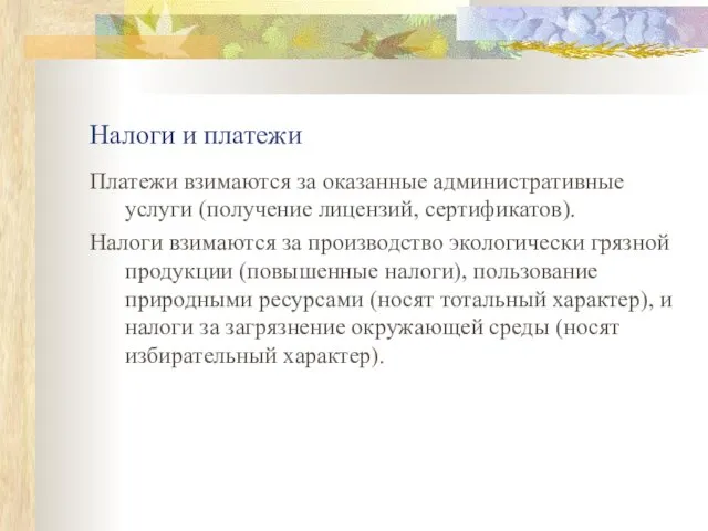 Налоги и платежи Платежи взимаются за оказанные административные услуги (получение лицензий,