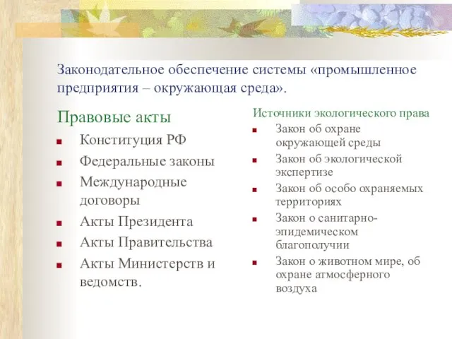 Законодательное обеспечение системы «промышленное предприятия – окружающая среда». Правовые акты Конституция