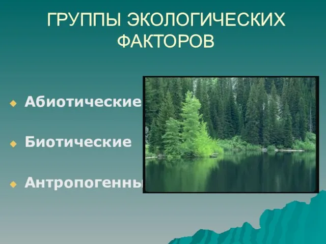 ГРУППЫ ЭКОЛОГИЧЕСКИХ ФАКТОРОВ Абиотические Биотические Антропогенные