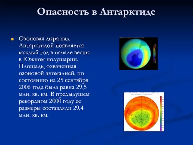 Опасность в Антарктиде Озоновая дыра над Антарктидой появляется каждый год в