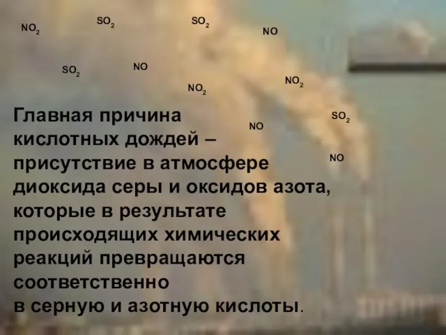 Главная причина кислотных дождей – присутствие в атмосфере диоксида серы и