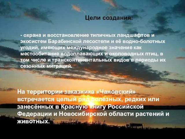 Цели создания: - охрана и восстановление типичных ландшафтов и экосистем Барабинской