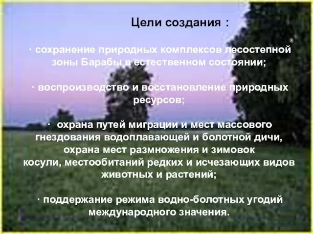 Цели создания : · сохранение природных комплексов лесостепной зоны Барабы в