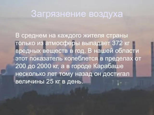 Загрязнение воздуха В среднем на каждого жителя страны только из атмосферы