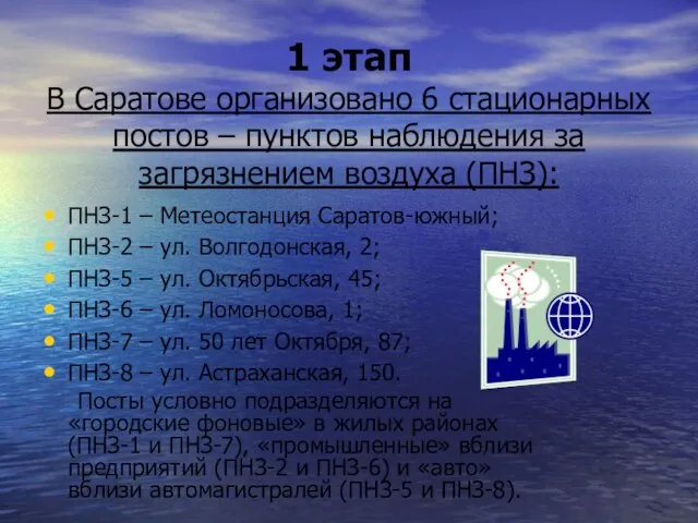 1 этап В Саратове организовано 6 стационарных постов – пунктов наблюдения