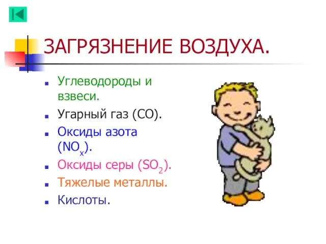 ЗАГРЯЗНЕНИЕ ВОЗДУХА. Углеводороды и взвеси. Угарный газ (СО). Оксиды азота (NOx).