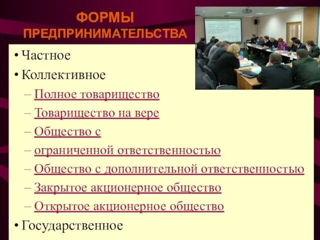 ФОРМЫ ПРЕДПРИНИМАТЕЛЬСТВА Частное Коллективное Полное товарищество Товарищество на вере Общество с