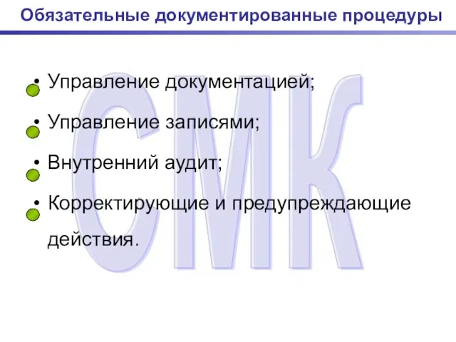 Управление документацией; Управление записями; Внутренний аудит; Корректирующие и предупреждающие действия. Обязательные документированные процедуры