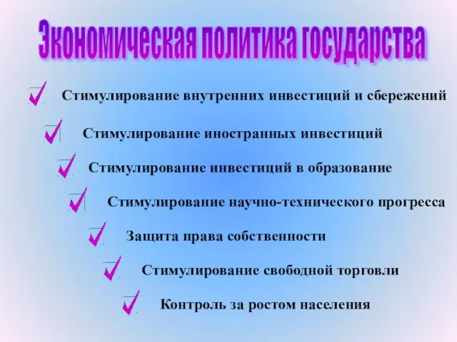 Экономическая политика государства Стимулирование внутренних инвестиций и сбережений Стимулирование иностранных инвестиций