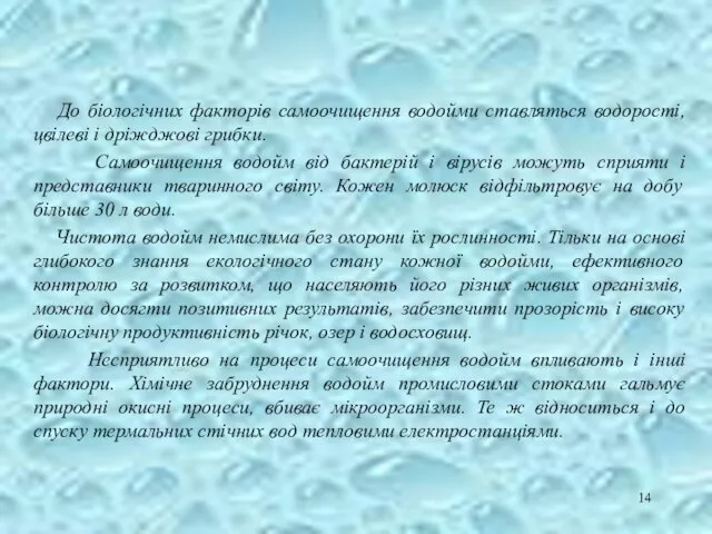 До біологічних факторів самоочищення водойми ставляться водорості, цвілеві і дріжджові грибки.