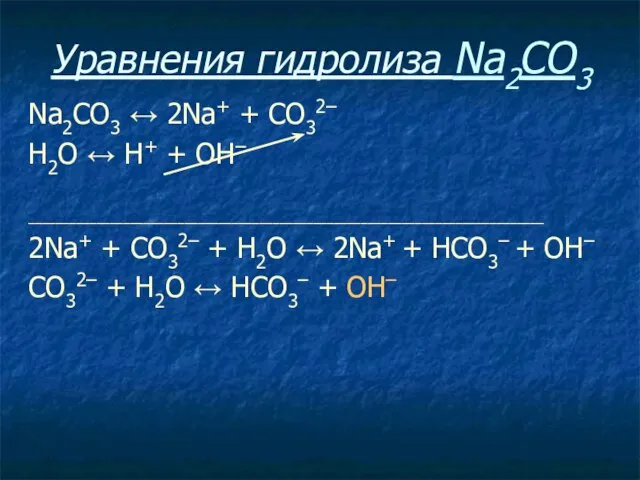 Уравнения гидролиза Na2CO3 Na2CO3 ↔ 2Na+ + СO32– Н2O ↔ Н+