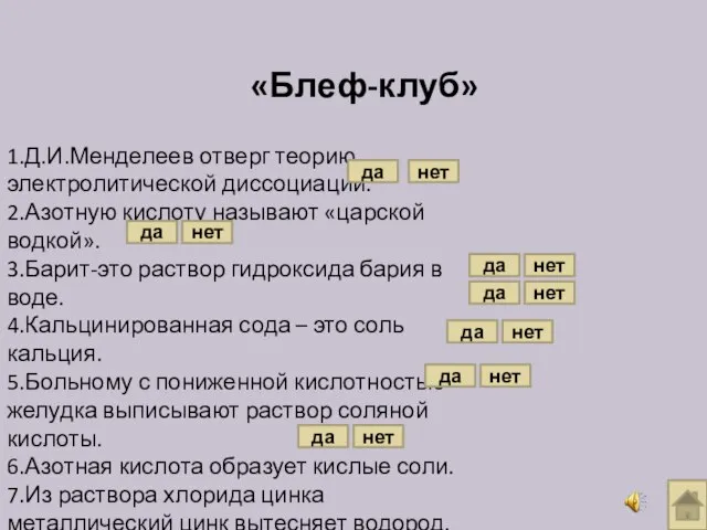 «Блеф-клуб» 1.Д.И.Менделеев отверг теорию электролитической диссоциации. 2.Азотную кислоту называют «царской водкой».