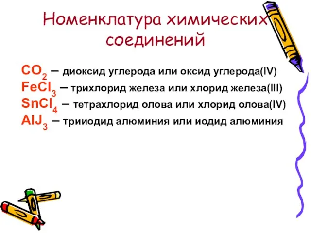 Номенклатура химических соединений CO2 – диоксид углерода или оксид углерода(IV) FeCl3