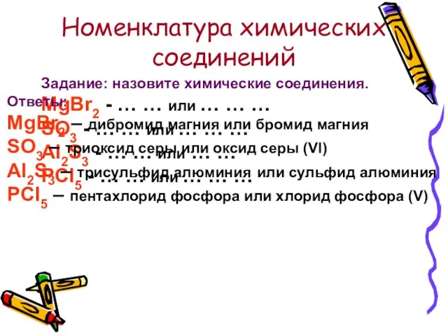 Номенклатура химических соединений Задание: назовите химические соединения. MgBr2 - … …