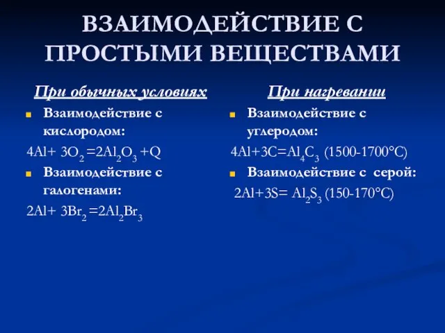 ВЗАИМОДЕЙСТВИЕ С ПРОСТЫМИ ВЕЩЕСТВАМИ При нагревании Взаимодействие с углеродом: 4Al+3C=Al4C3 (1500-1700°C)