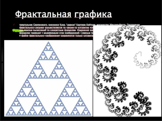 Фрактальная графика треугольник Серпинского, снежинка Коха, "дракон" Хартера-Хейтуея, множество Мандельброта. Построение