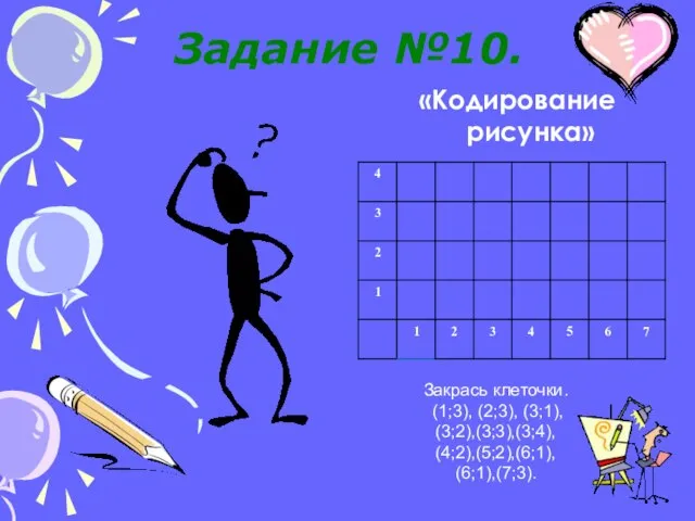 Задание №10. «Кодирование рисунка» Закрась клеточки. (1;3), (2;3), (3;1), (3;2),(3;3),(3;4), (4;2),(5;2),(6;1), (6;1),(7;3).