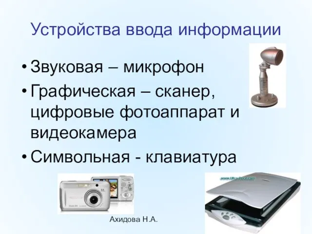 Ахидова Н.А. Устройства ввода информации Звуковая – микрофон Графическая – сканер,