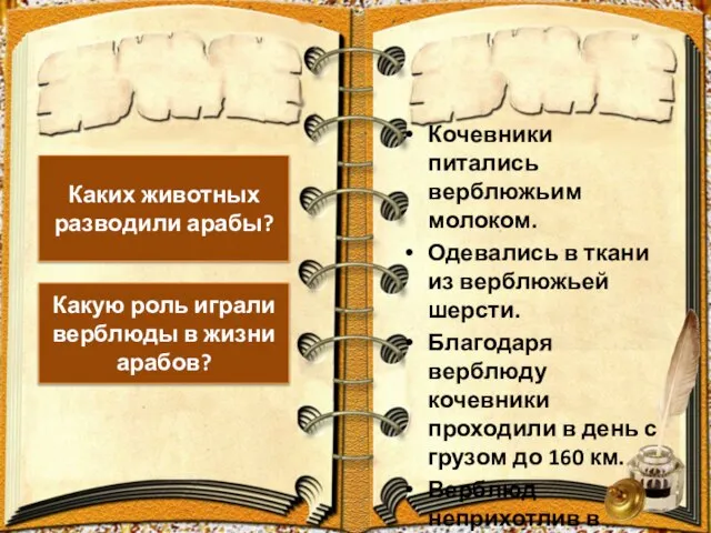 Кочевники питались верблюжьим молоком. Одевались в ткани из верблюжьей шерсти. Благодаря