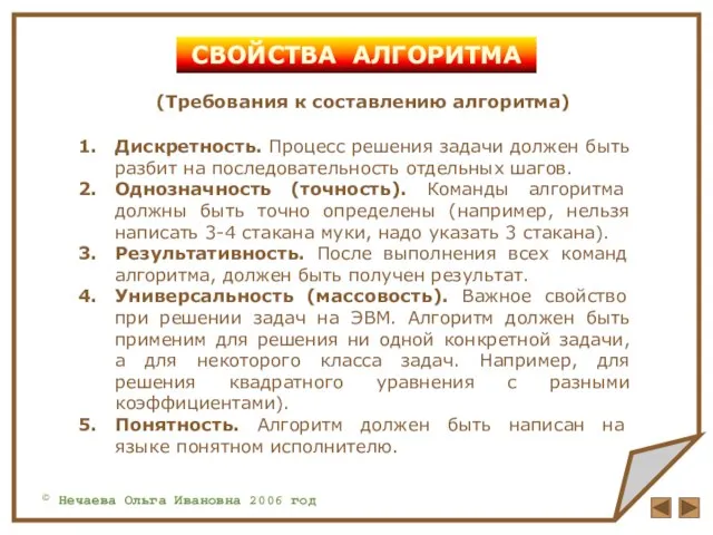 © Нечаева Ольга Ивановна 2006 год СВОЙСТВА АЛГОРИТМА (Требования к составлению