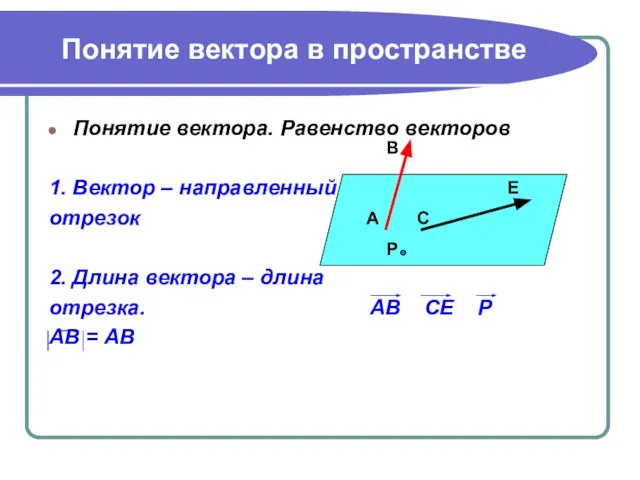 Понятие вектора в пространстве Понятие вектора. Равенство векторов 1. Вектор –