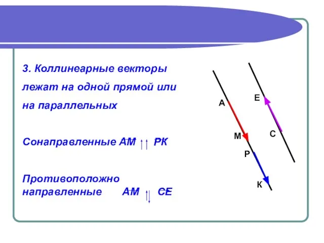 3. Коллинеарные векторы лежат на одной прямой или на параллельных Сонаправленные