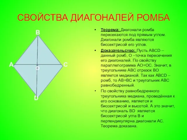 СВОЙСТВА ДИАГОНАЛЕЙ РОМБА Теорема: Диагонали ромба пересекаются под прямым углом. Диагонали
