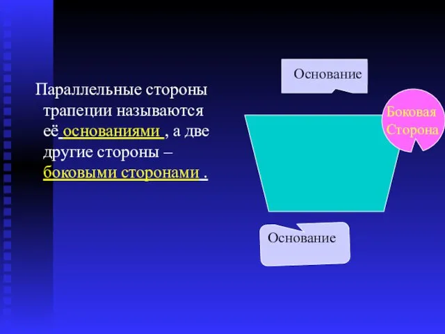 Параллельные стороны трапеции называются её основаниями , а две другие стороны