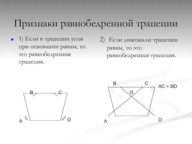 Признаки равнобедренной трапеции 1) Если в трапеции углы при основании равны,