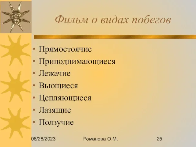 08/28/2023 Романова О.М. Фильм о видах побегов Прямостоячие Приподнимающиеся Лежачие Вьющиеся Цепляющиеся Лазящие Ползучие