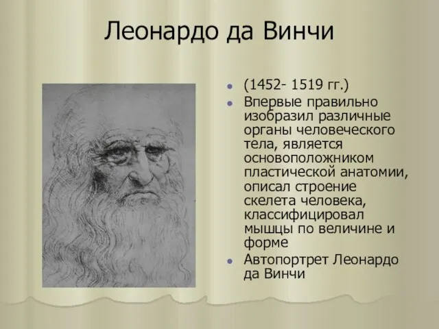 Леонардо да Винчи (1452- 1519 гг.) Впервые правильно изобразил различные органы