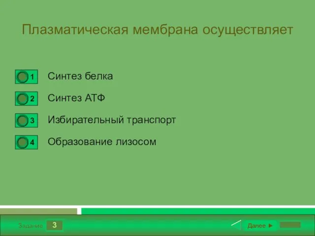 3 Задание Плазматическая мембрана осуществляет Синтез белка Синтез АТФ Избирательный транспорт Образование лизосом Далее ►