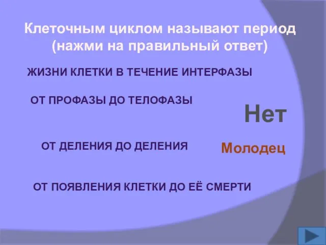 Клеточным циклом называют период (нажми на правильный ответ) ЖИЗНИ КЛЕТКИ В