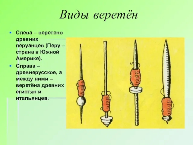 Виды веретён Слева – веретено древних перуанцев (Перу – страна в