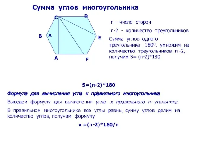 A B C D E F Сумма углов многоугольника S=(n-2)*180 Формула