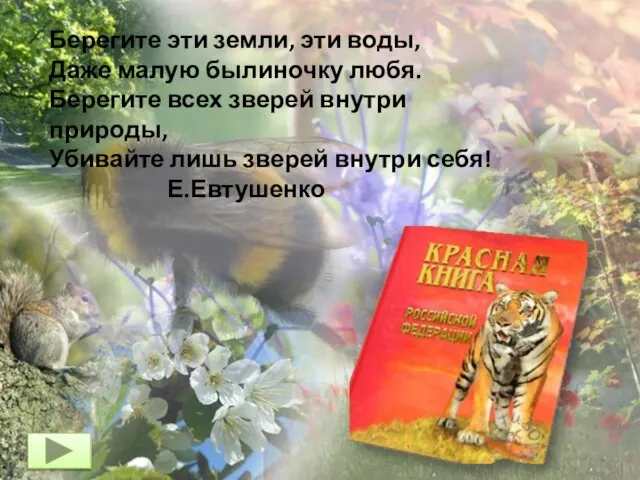 Берегите эти земли, эти воды, Даже малую былиночку любя. Берегите всех