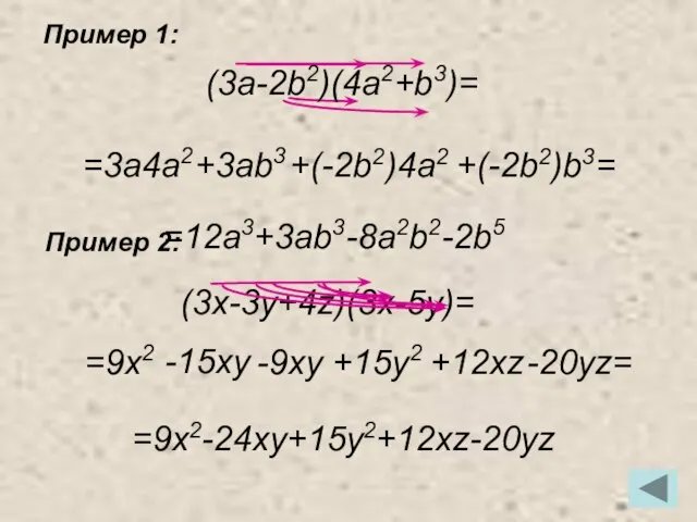 Пример 1: Пример 2: =3a4a2 +3ab3 +(-2b2)4a2 +(-2b2)b3= (3a-2b2)(4a2+b3)= =12a3+3ab3-8a2b2-2b5 (3x-3y+4z)(3x-5y)=