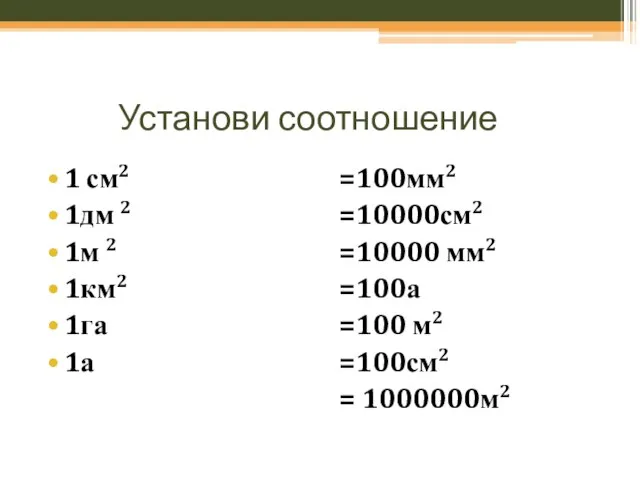 Установи соотношение 1 см2 1дм 2 1м 2 1км2 1га 1а