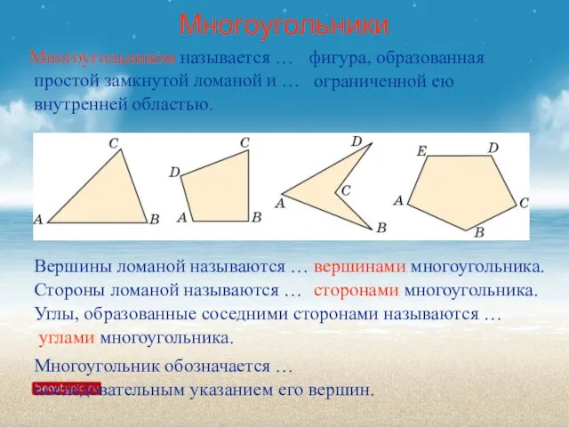 Многоугольники Многоугольником называется … фигура, образованная простой замкнутой ломаной и …