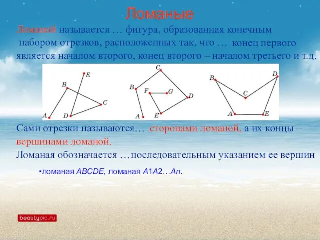 Ломаные Ломаной называется … фигура, образованная конечным набором отрезков, расположенных так,