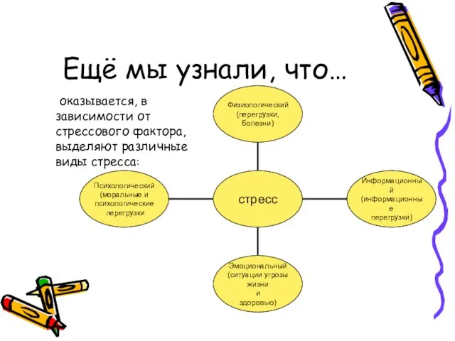 Ещё мы узнали, что… оказывается, в зависимости от стрессового фактора, выделяют различные виды стресса: