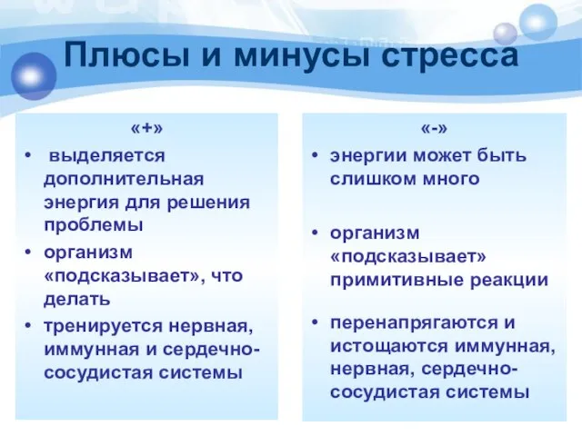 Плюсы и минусы стресса «+» выделяется дополнительная энергия для решения проблемы