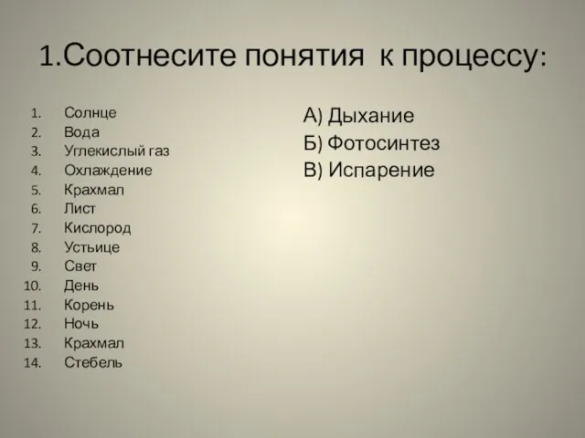 1.Соотнесите понятия к процессу: Солнце Вода Углекислый газ Охлаждение Крахмал Лист